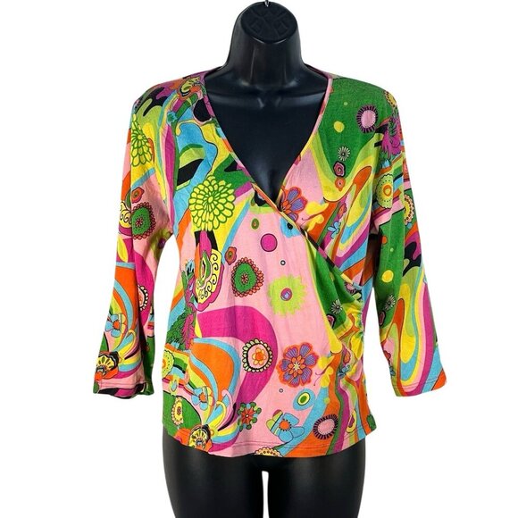 vintage Dolcetti silk knit jersey wrap top sz L retro colors and print - Picture 1 of 5